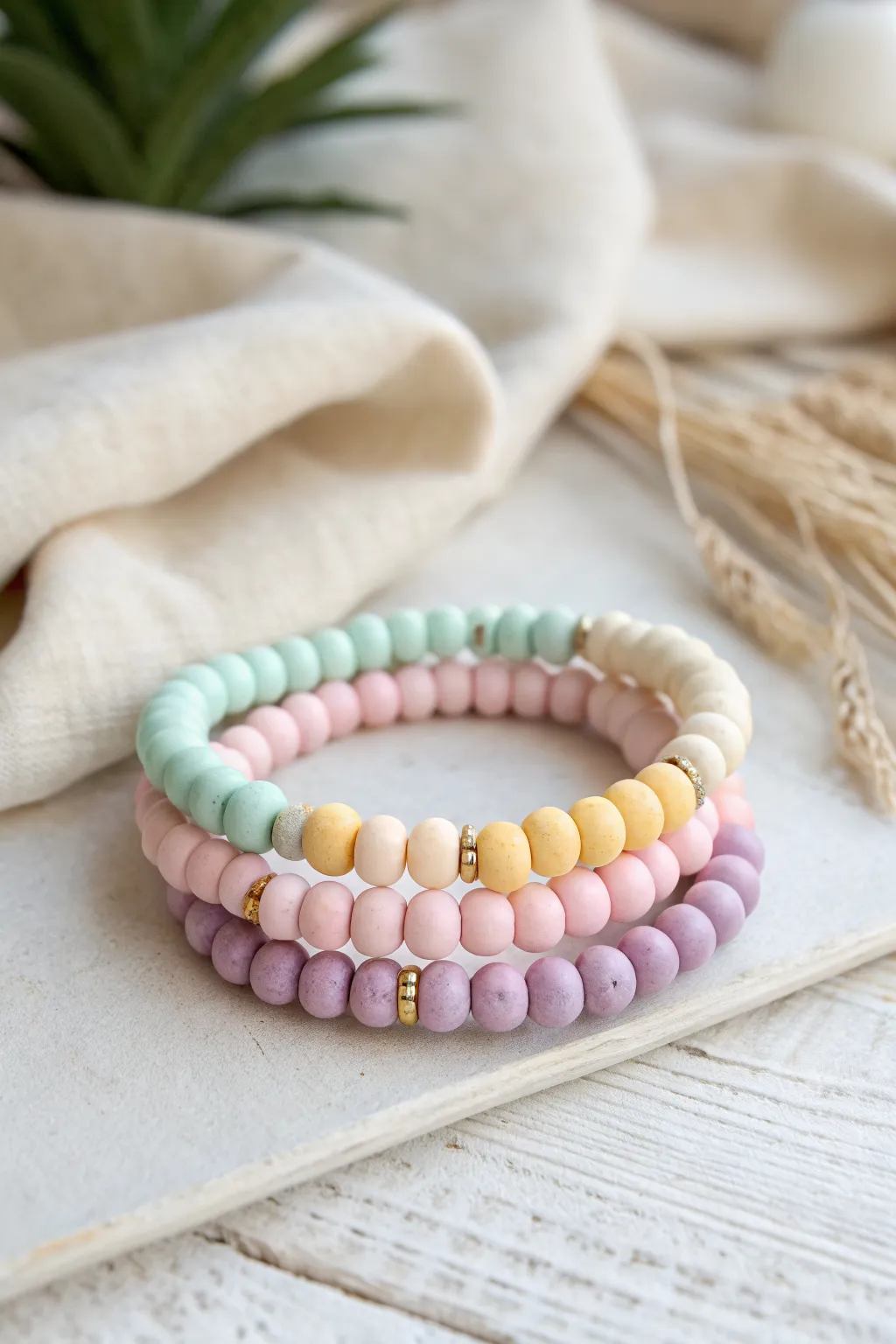 Pastel color-block clay bead bracelets stacked in soft summer shades, minimal and beautifully handmade.