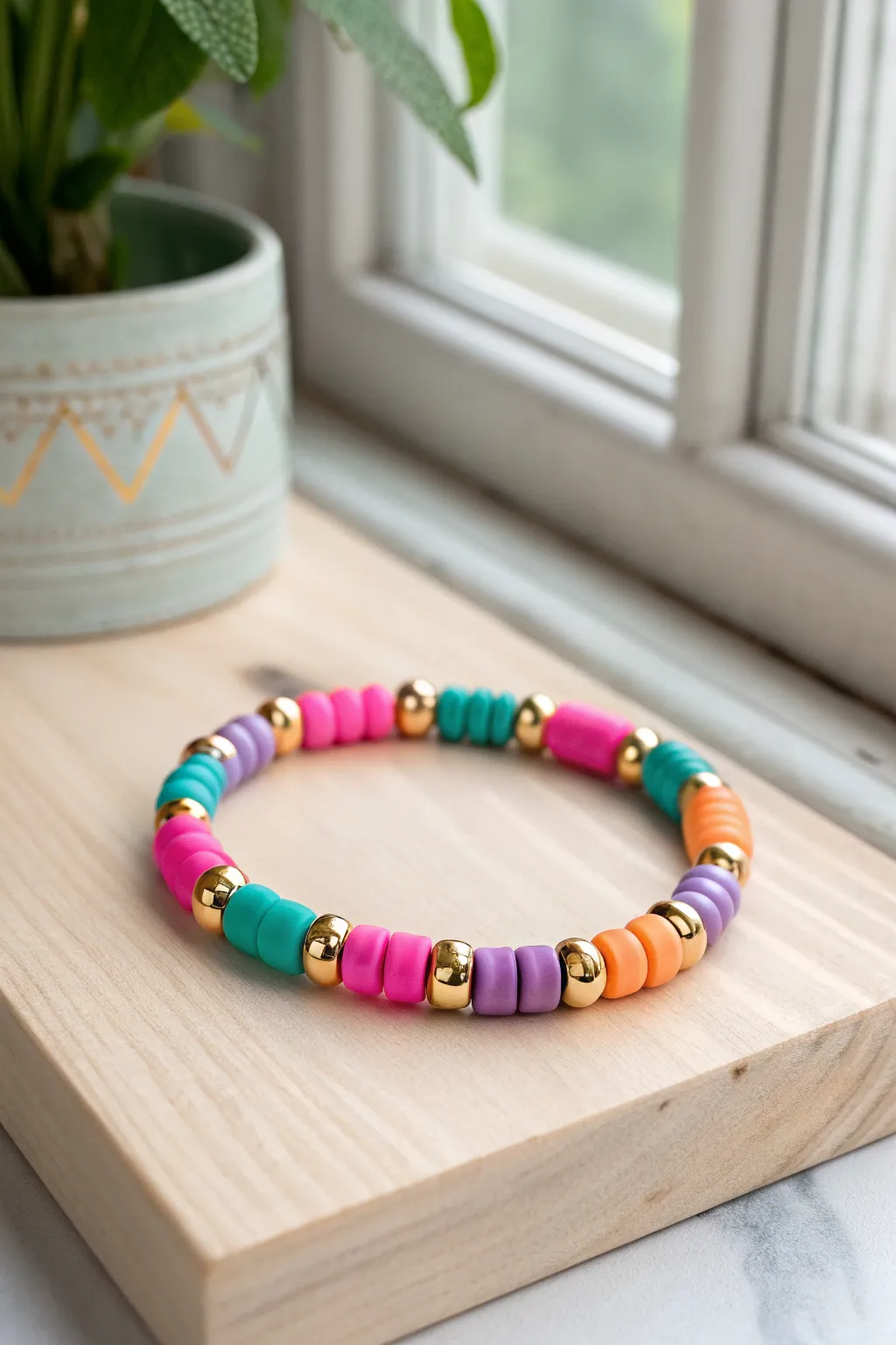 Preppy color-block clay bracelet with gold spacers, bright yet minimal on pale wood.