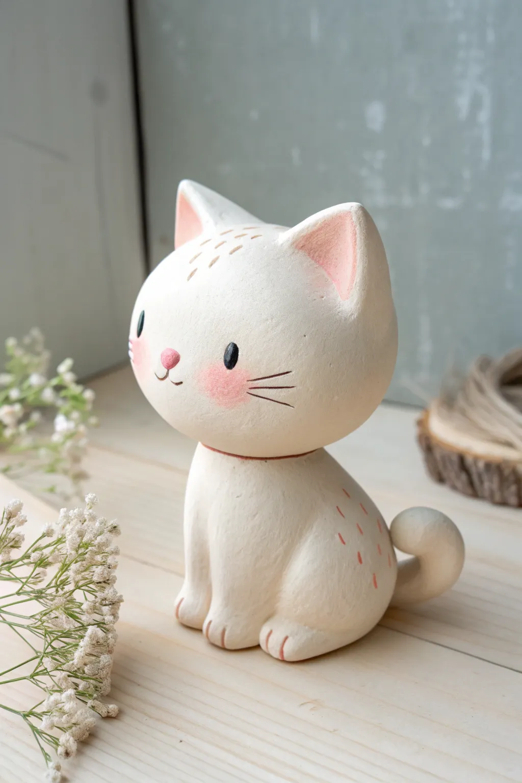 Sweet chibi clay kitty with curled tail, soft pastels, and minimalist Scandinavian charm.