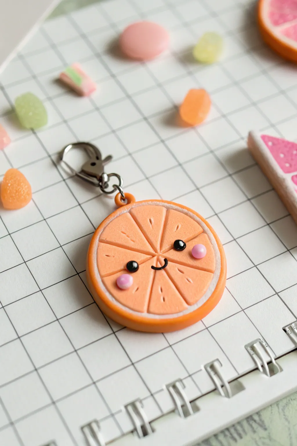 Tiny fruit slice clay charm with blush cheeks, sweet minimalist details, and bright contrast.