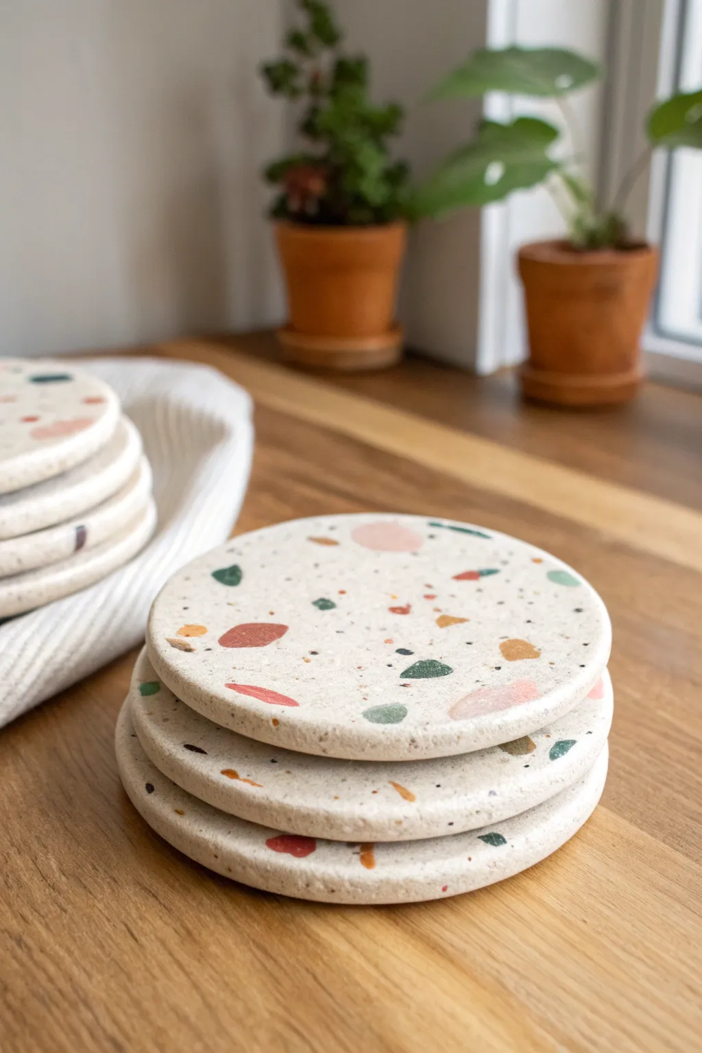 Terrazzo confetti clay coasters stacked neatly, a playful pop for minimalist tables