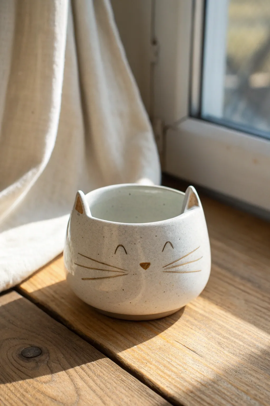 Minimalist cat face clay cup with pointy ears in soft pastel tones, perfect cute DIY inspo.