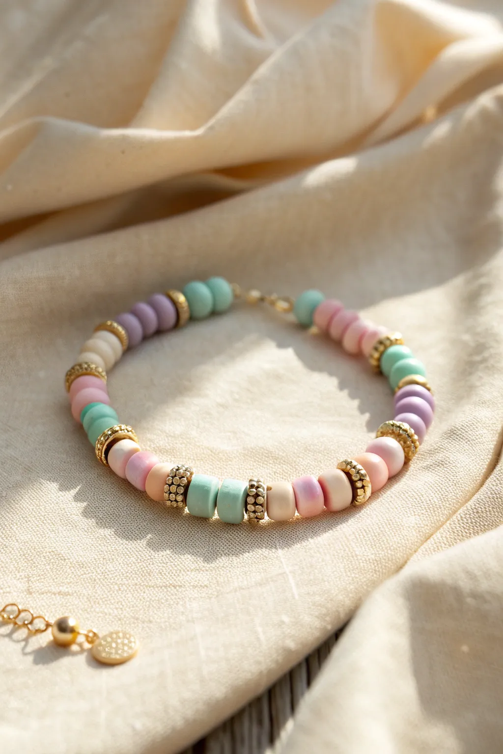 Pastel clay disc bracelet with gold-tone spacers for a sweet, minimalist boho finish.