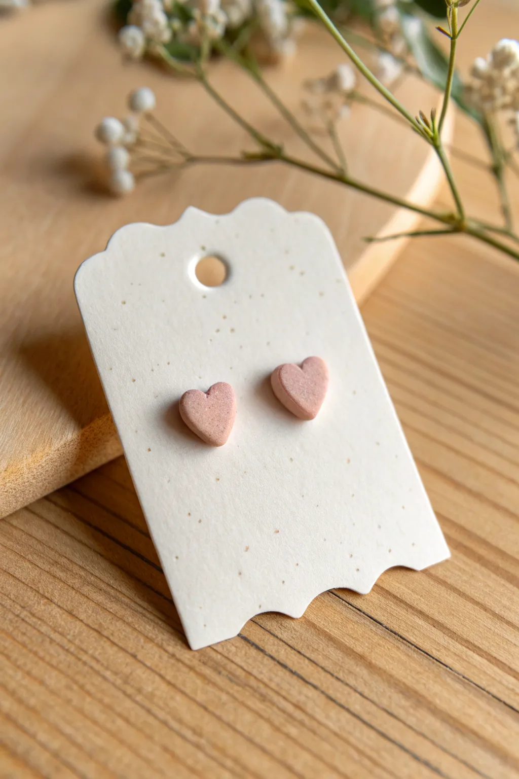 Sweet heart clay studs in muted blush with soft matte texture, minimal styling and warm contrast.