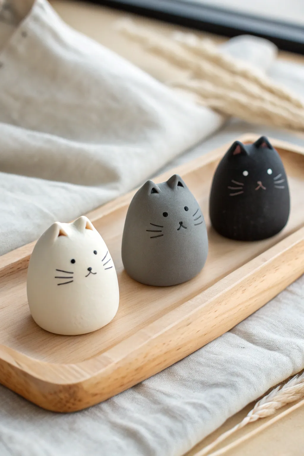 Three tiny chonky clay cats in cream, gray, and black for a minimalist kawaii display.