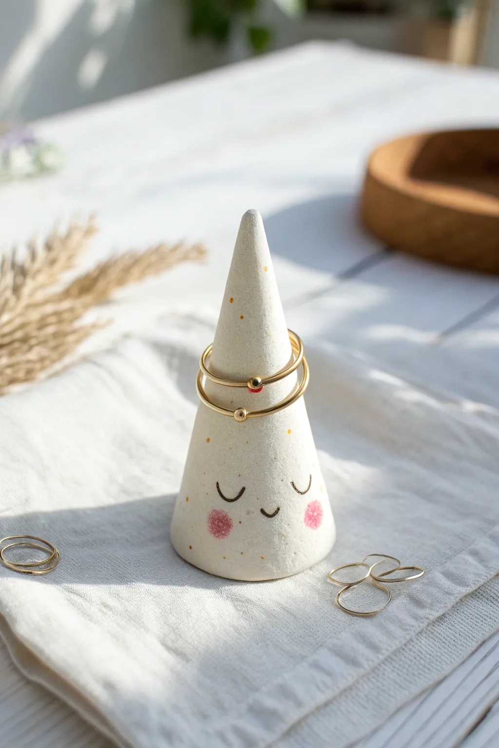 Sweet minimalist ring cone with rosy cheeks, perfect for easy cute clay decor at home.