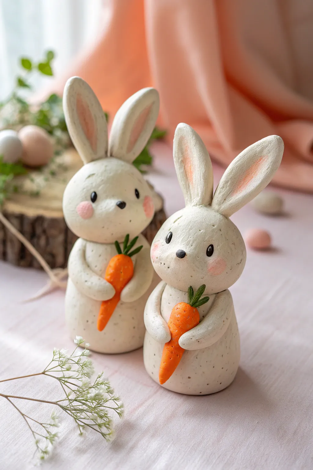 Tiny clay bunny duo with mini carrots, blush cheeks, and soft boho Scandinavian vibes.