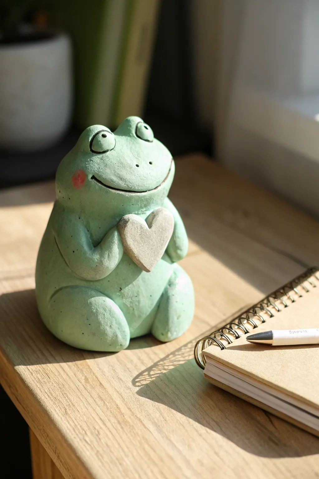 Mint green blushing frog desk buddy holding a tiny heart, a sweet minimalist clay idea