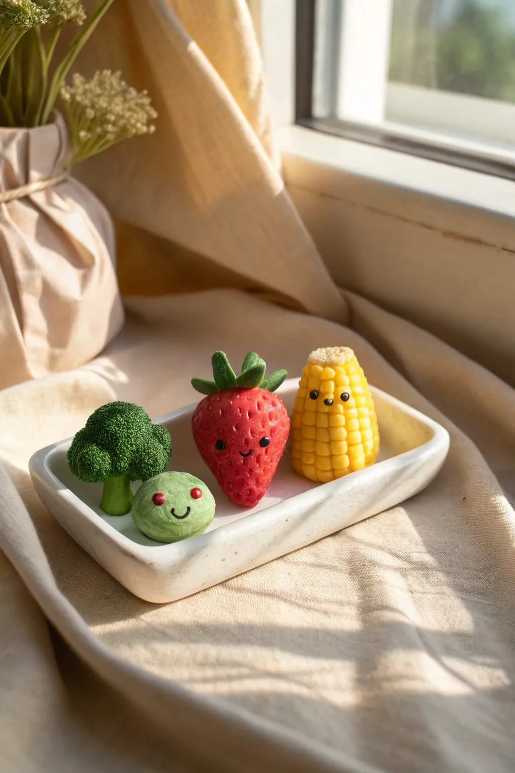 Adorable smiley fruit and veg clay minis on a simple tray, perfect for beginner projects