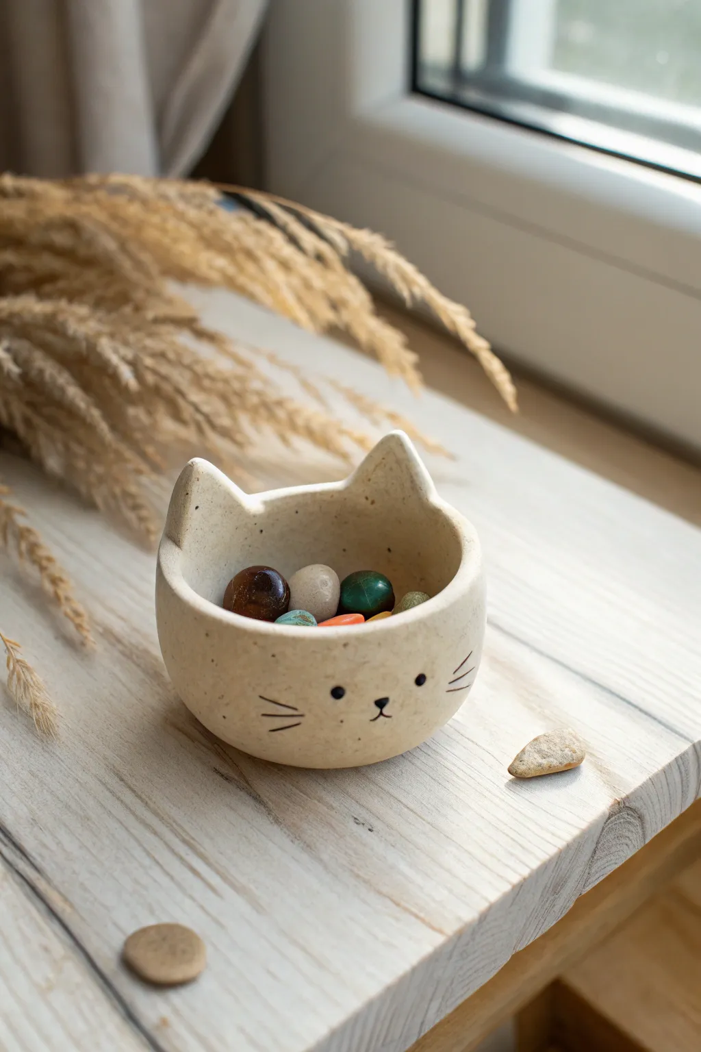Tiny cat pinch pot bowl for kids, holding beads and little stones in a calm Nordic scene