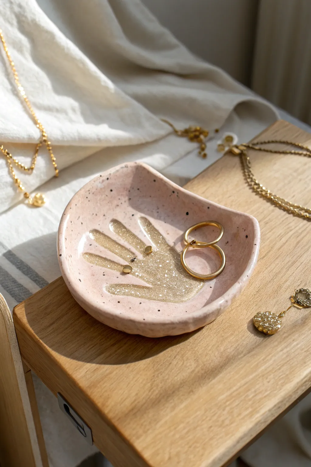 Blush handprint jewelry dish keepsake, a sweet Mother’s Day gift for her nightstand