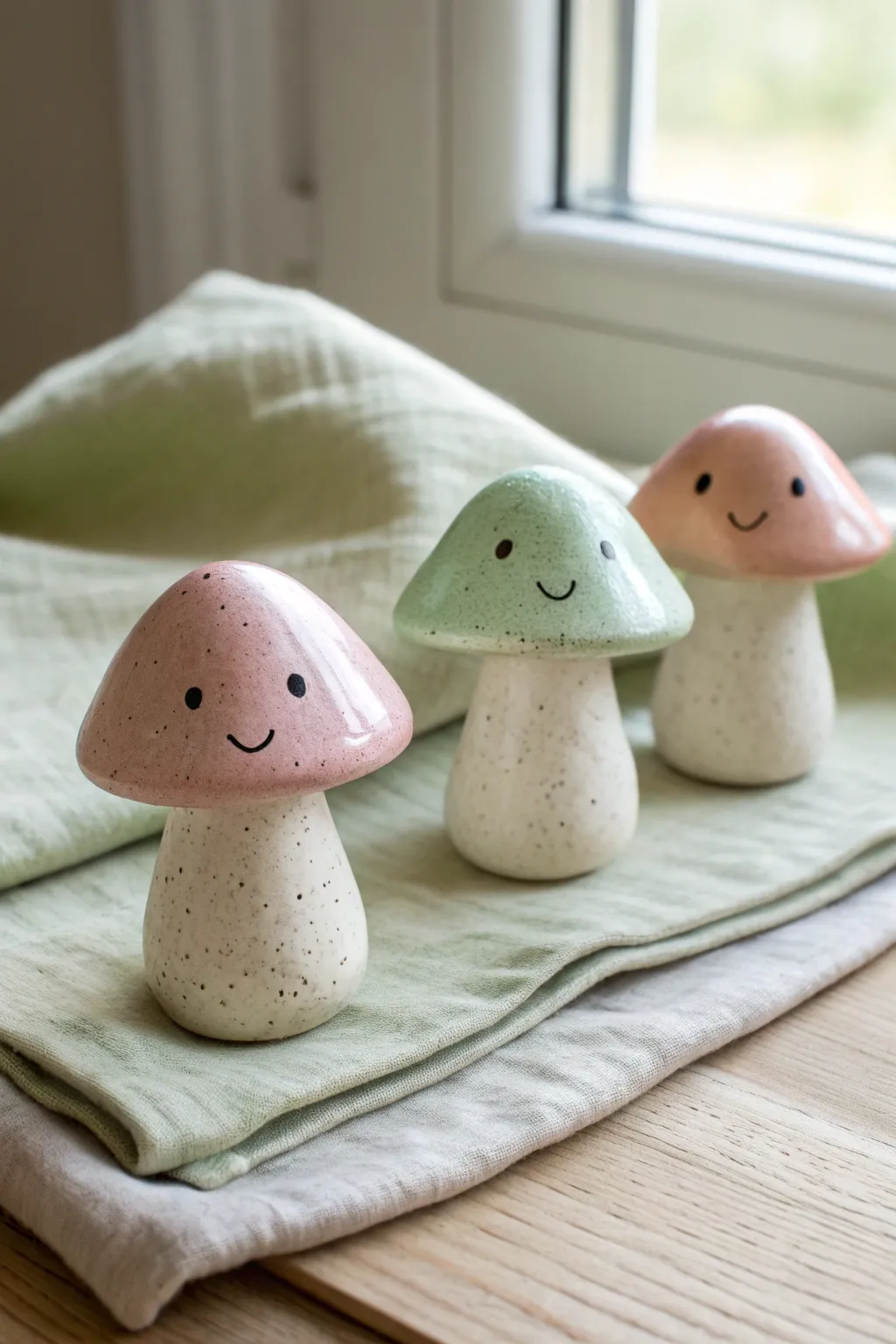 Pastel kawaii mushroom buddies in matte clay, a sweet minimalist touch for your shelf.