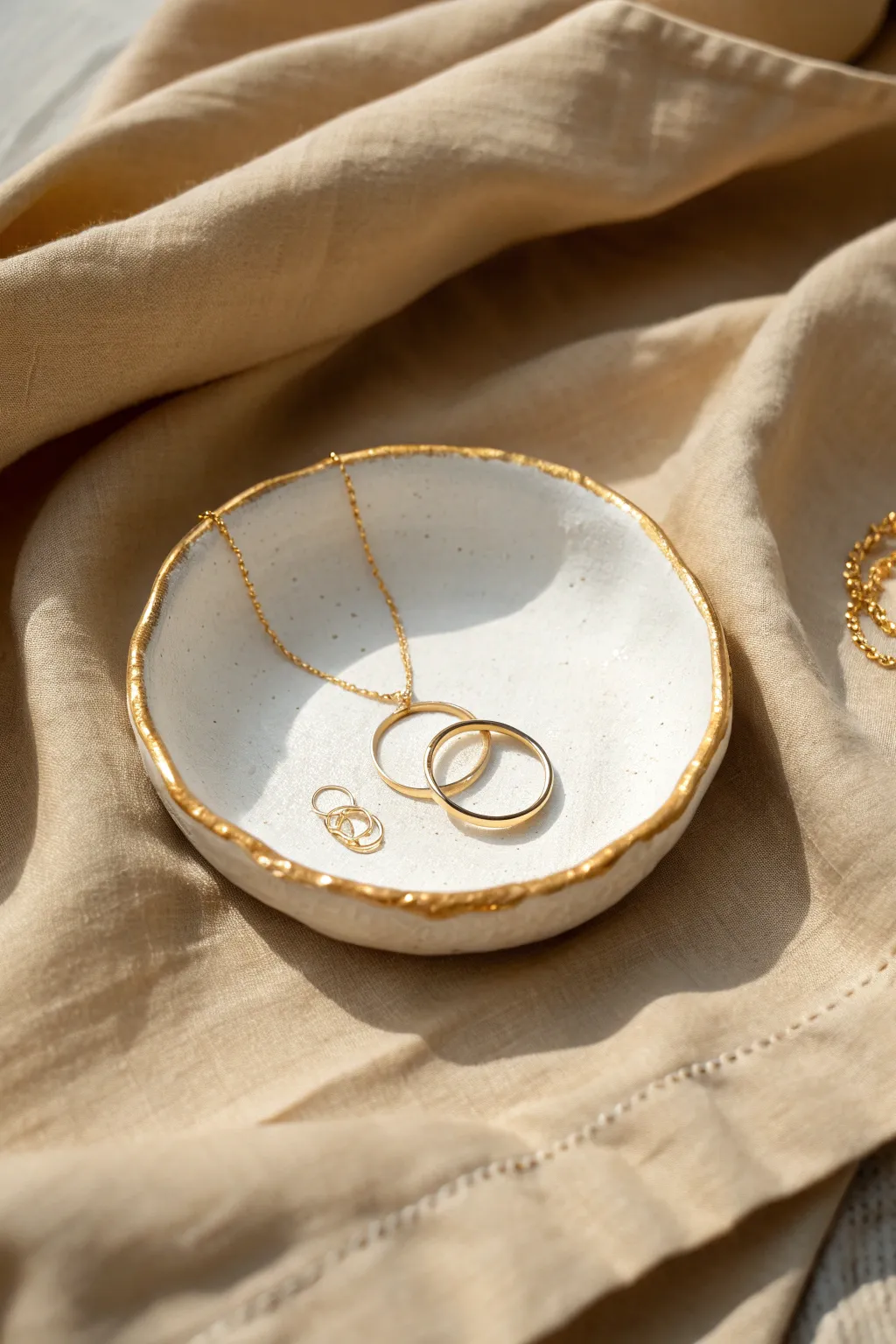 Creamy white clay dish with a delicate gold rim, perfect for rings and a fine chain