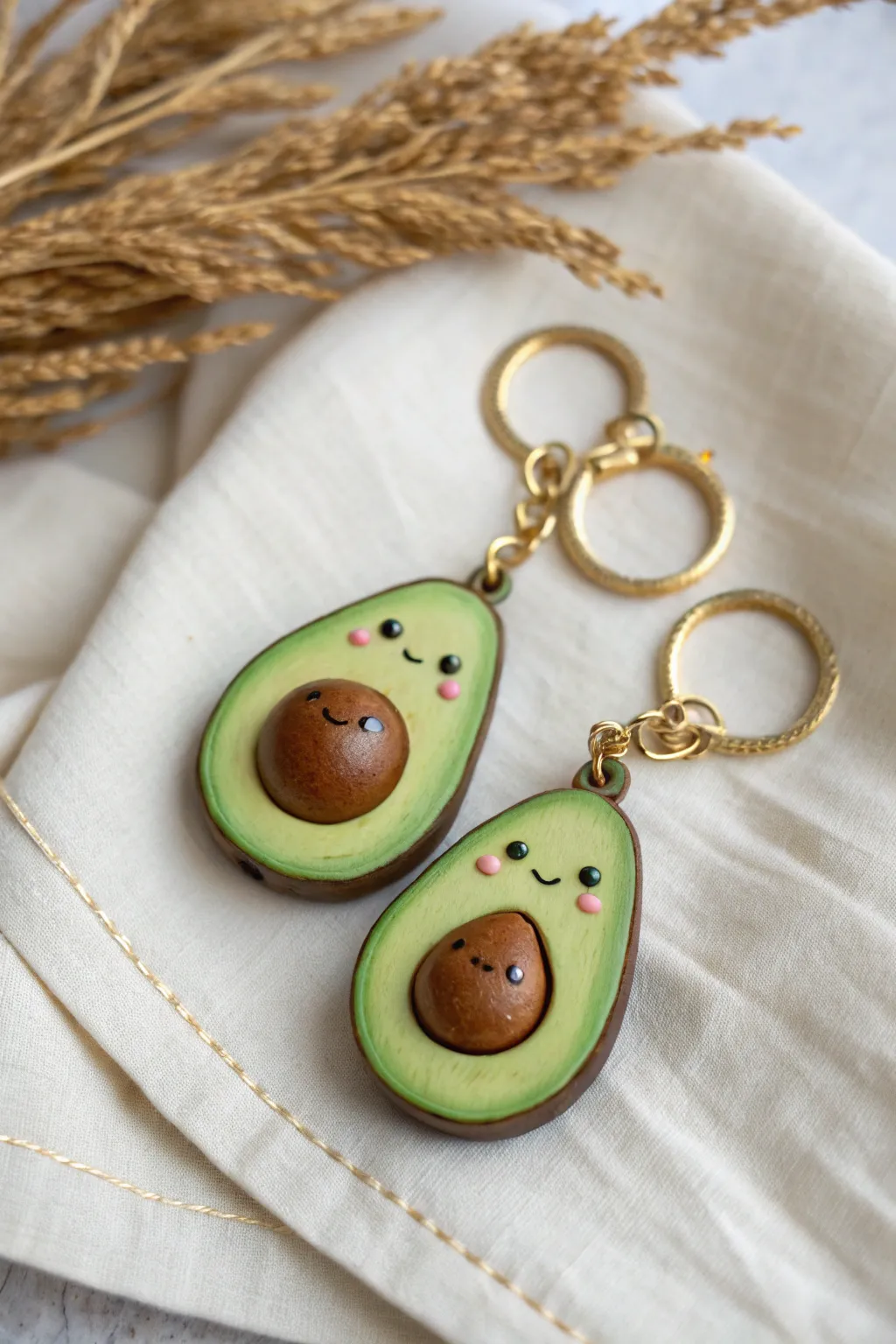 Sweet avocado bestie keychains, one with pit and one without, minimal and handmade charm.