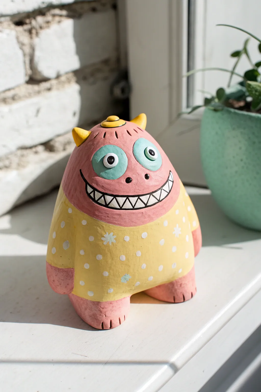 Sweet three-eyed clay monster with a goofy grin, bright pastel colors, clean minimal vibes.