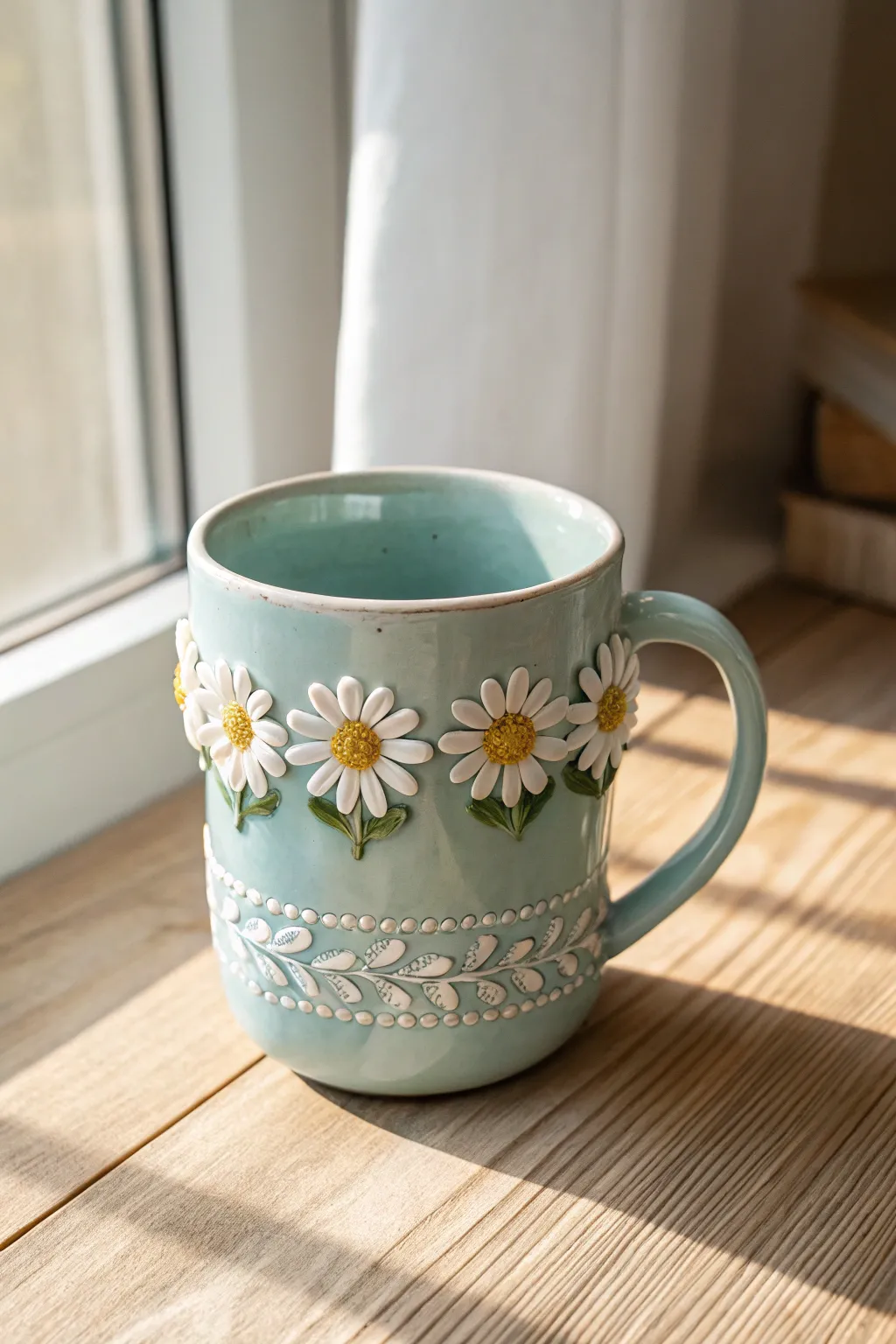 Sweet pastel mug with a 3D daisy chain wrap for an easy, charming handmade look