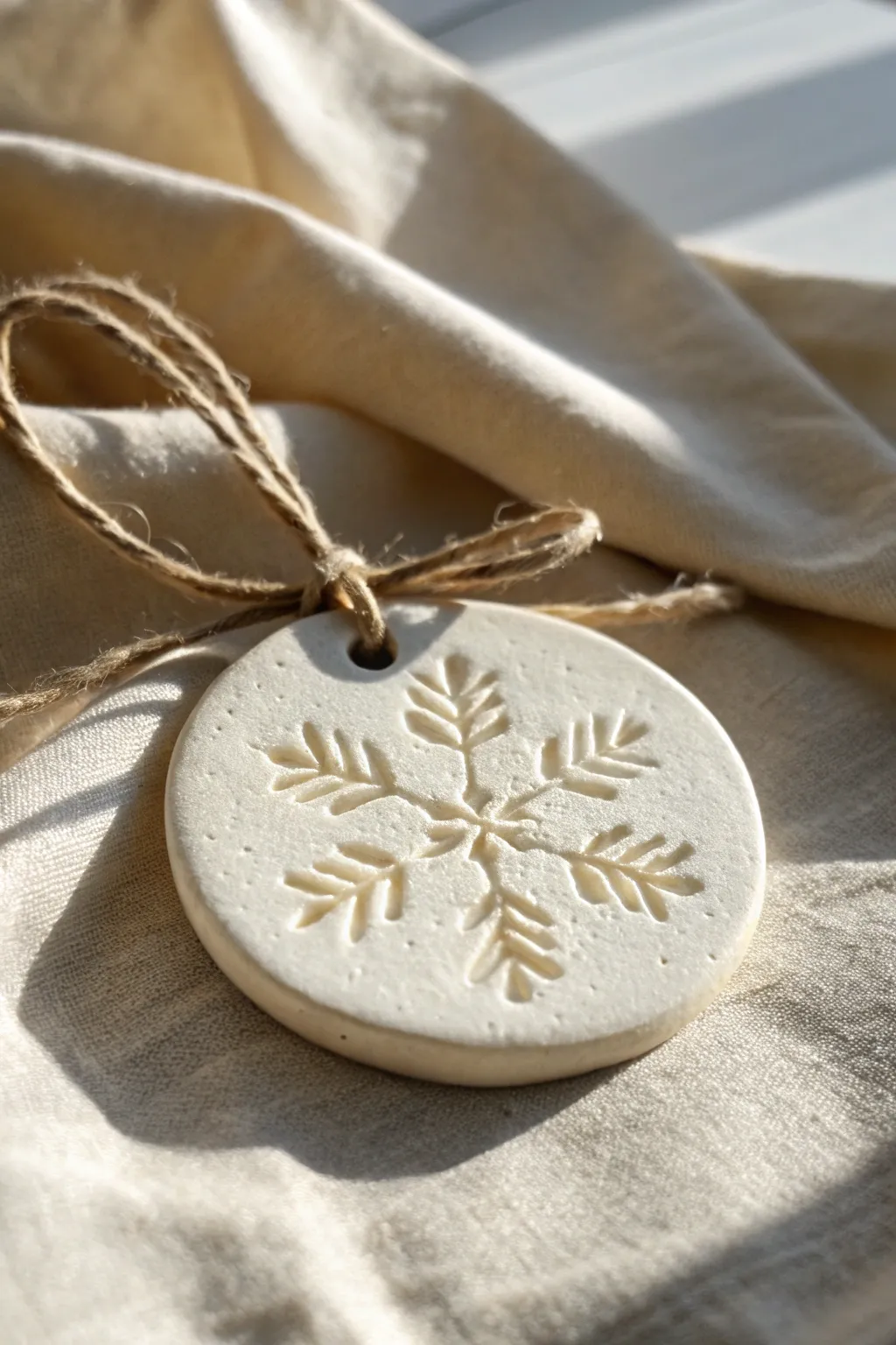 Minimal snowflake clay medallion with matte finish and baker’s twine bow, softly styled.