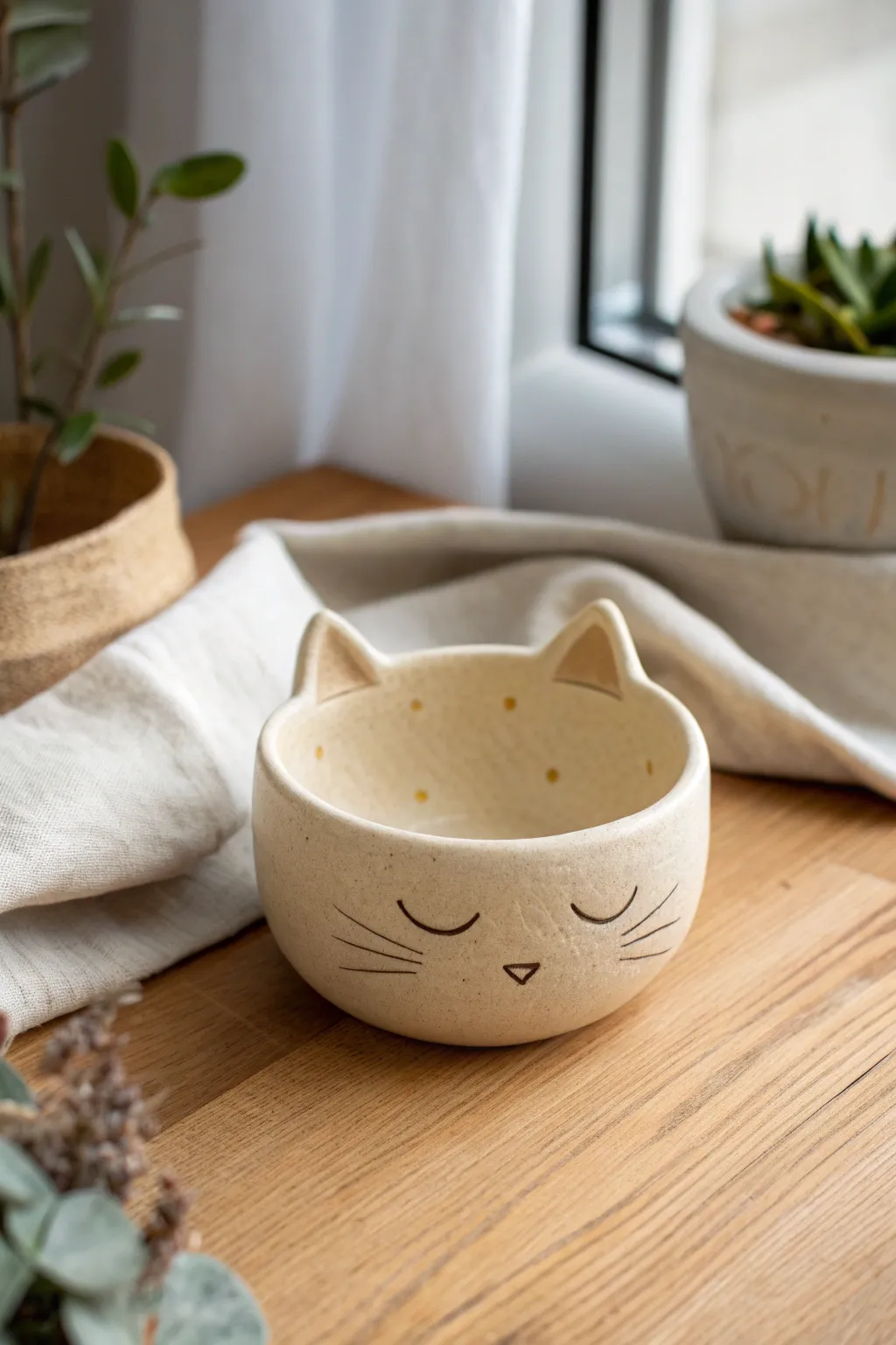 Cute kitty cat pinch pot bowl in soft neutral glaze, simple handmade charm for cozy decor.