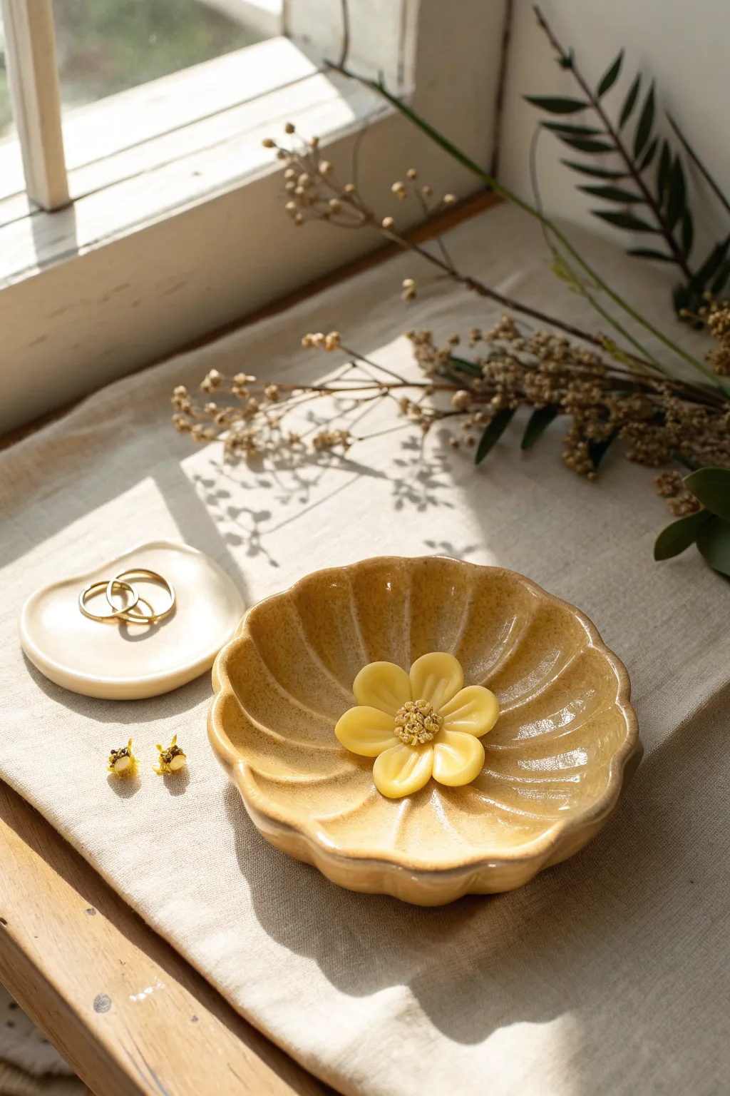 Butter-yellow flower petal mini plate, glossy and sweet, perfect for holding tiny earrings.