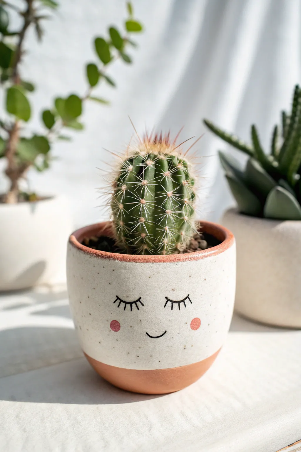 Blush cheek face pot with cactus hair, minimal and cute decor for an easy clay project