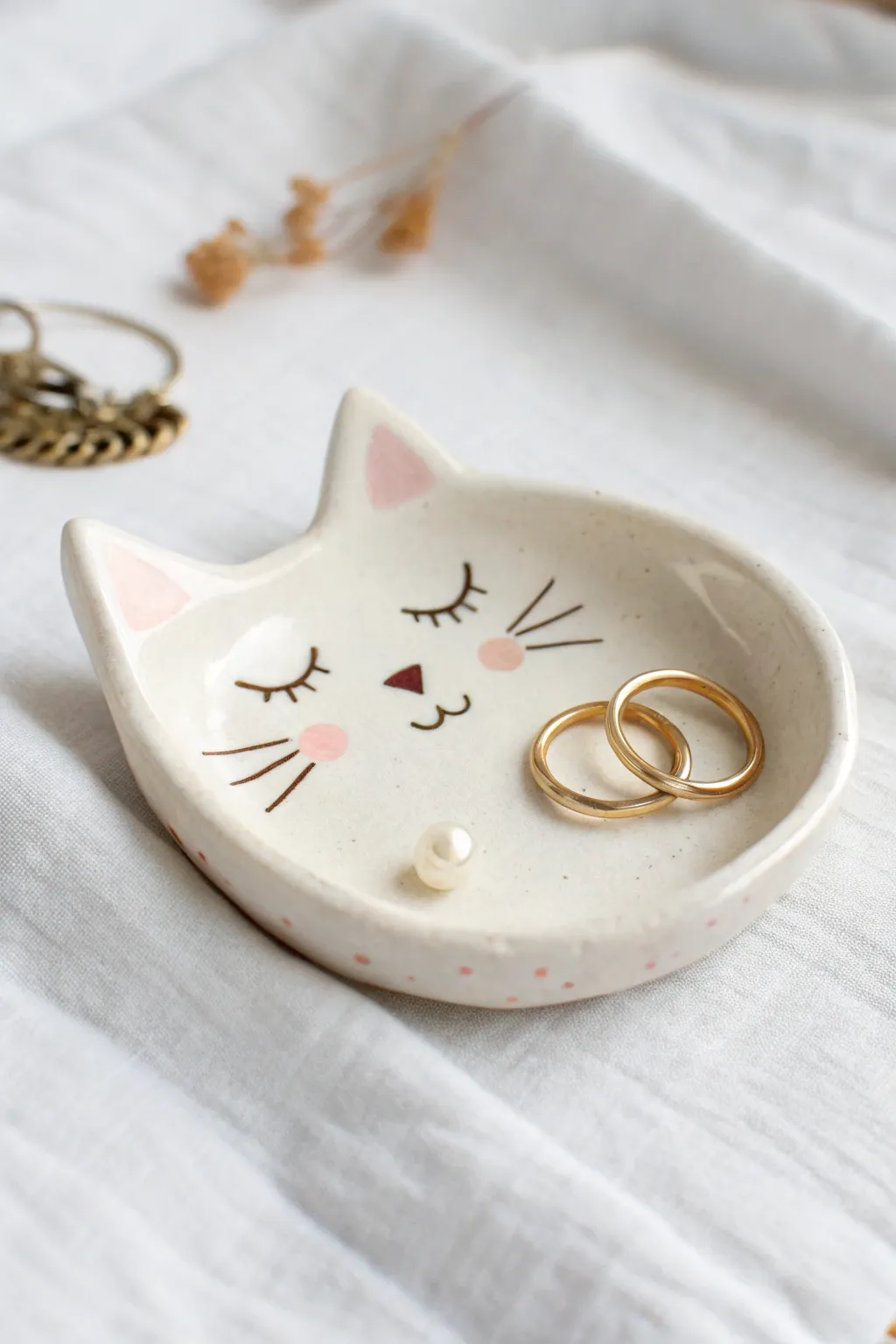 Adorable cat-face trinket tray keeps rings and earrings together in minimalist style