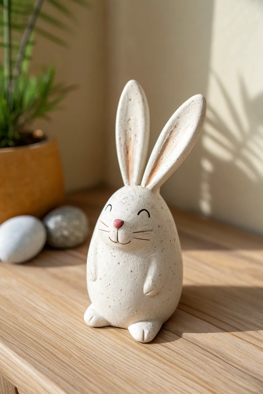 Tiny sitting clay bunny with rosy cheeks, minimalist and sweet for an easy cute sculpture idea.