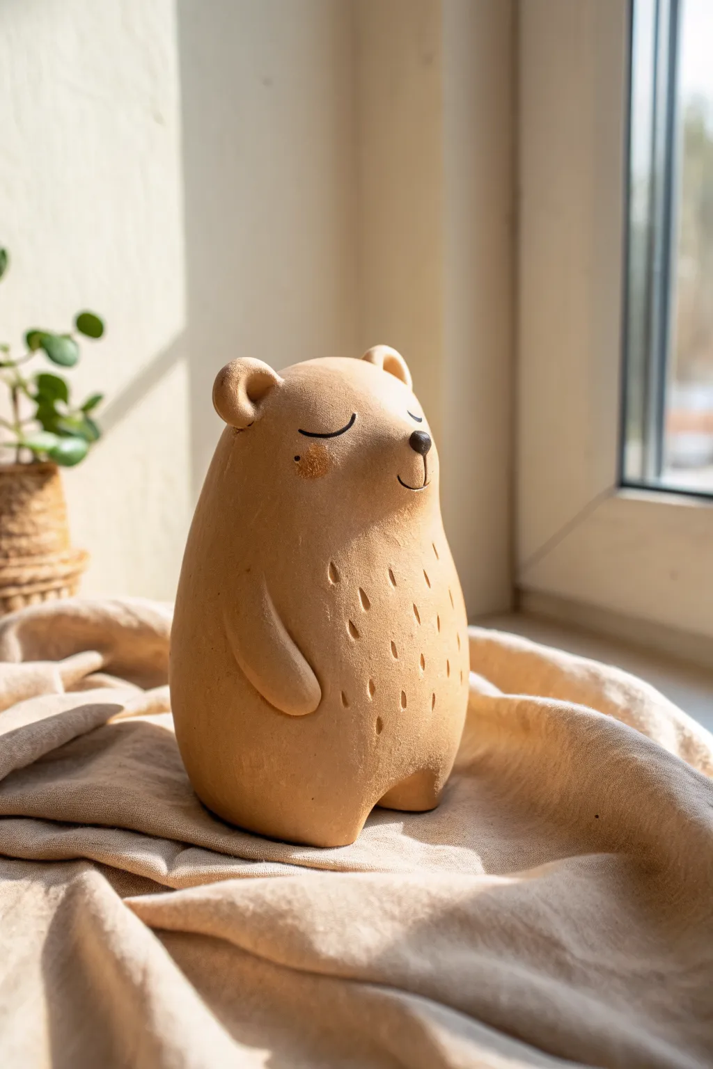 A tiny sleepy pocket bear in warm beige clay, simple, smooth, and irresistibly cute