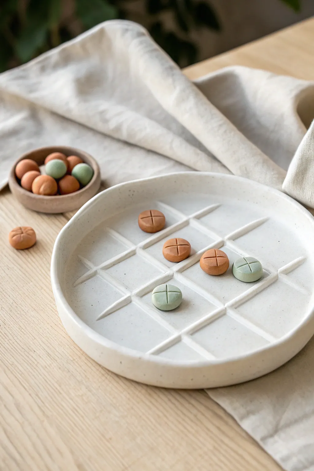 Minimal round ceramic tic tac toe dish with raised grid and muted tokens, Scandi boho calm.