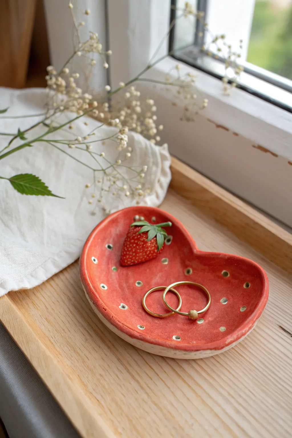 Sweet strawberry trinket tray in bright red clay, made to cradle your everyday gold jewelry.