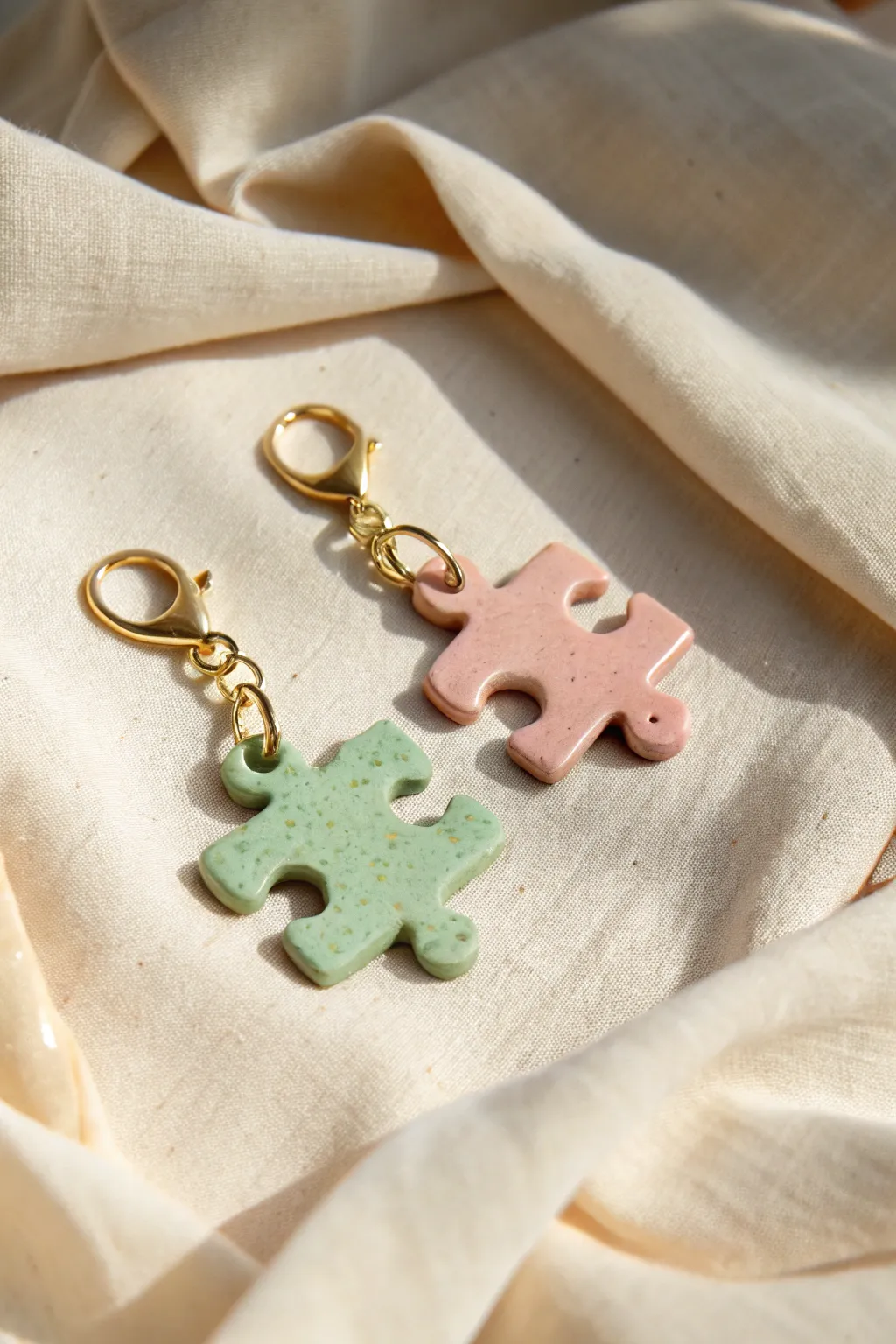 Chunky blush and sage puzzle piece clay charms snapped together for a cute couple keepsake.