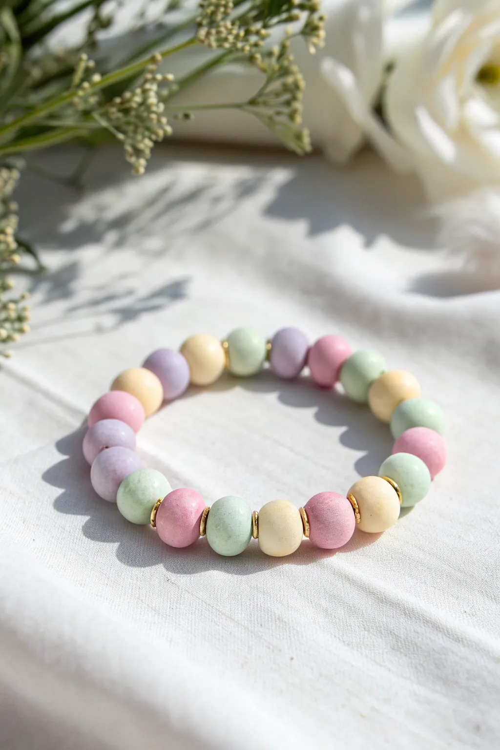 Pastel candy clay bead bracelet in a clean circle flat lay, soft boho minimal style
