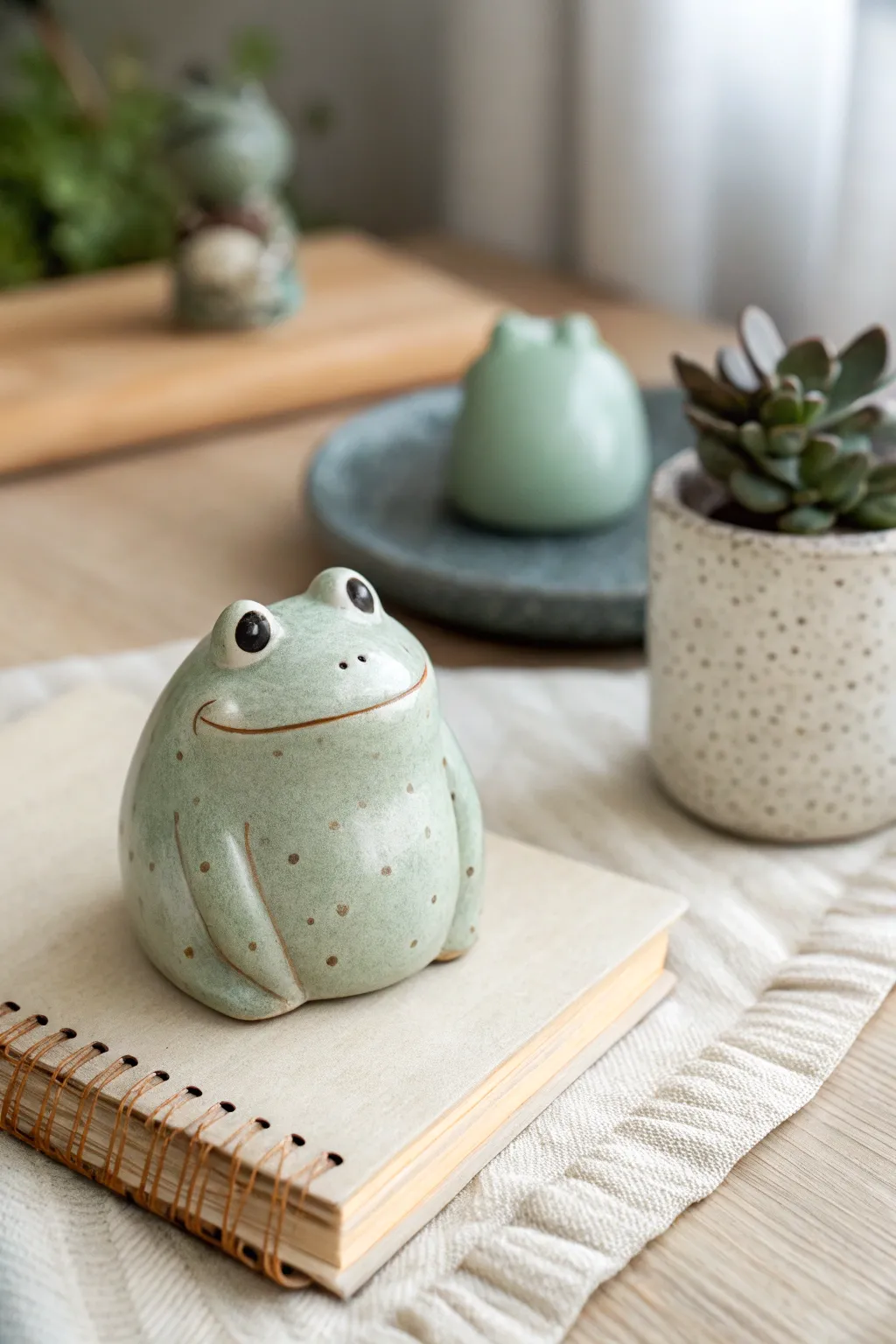 Tiny blush-cheek frog desk buddy to brighten your minimalist workspace, handmade clay charm.