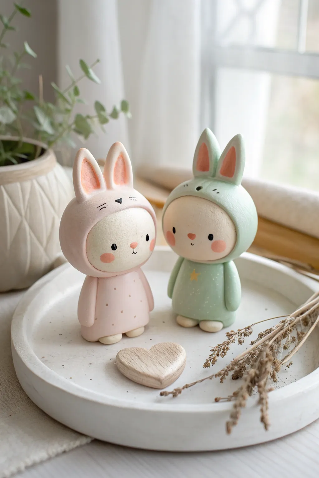 Sweet chibi cat and bunny minis in soft pastels, glossy finish, minimalist boho charm