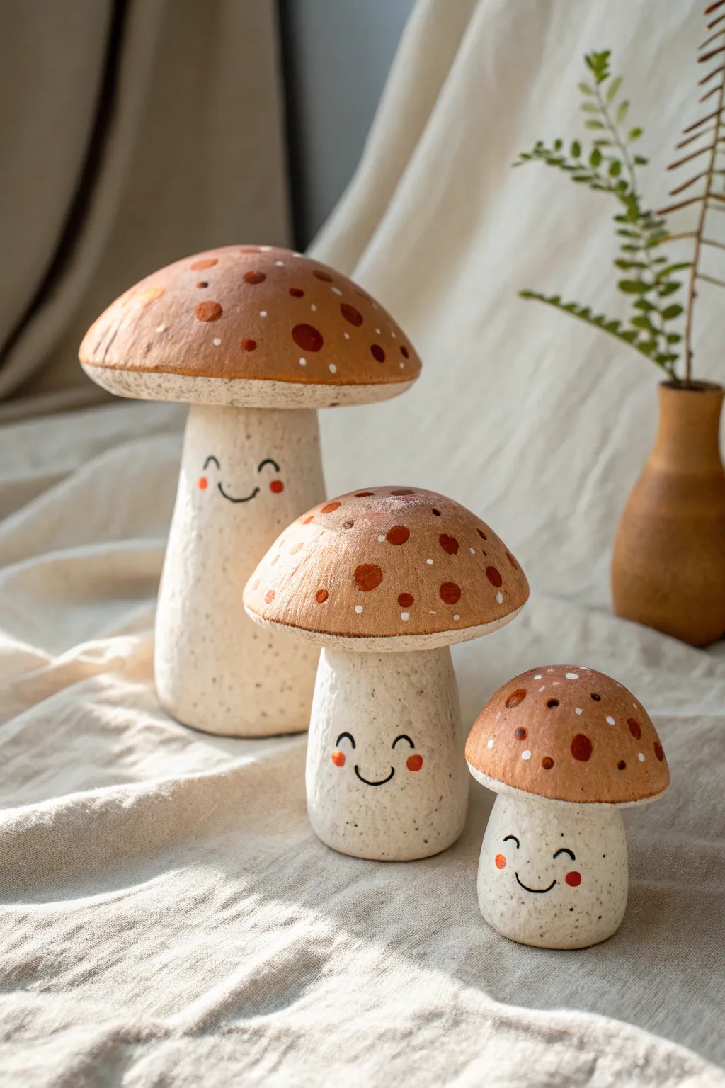 A sweet trio of smiley clay mushrooms in soft neutral tones, minimalist and boho.