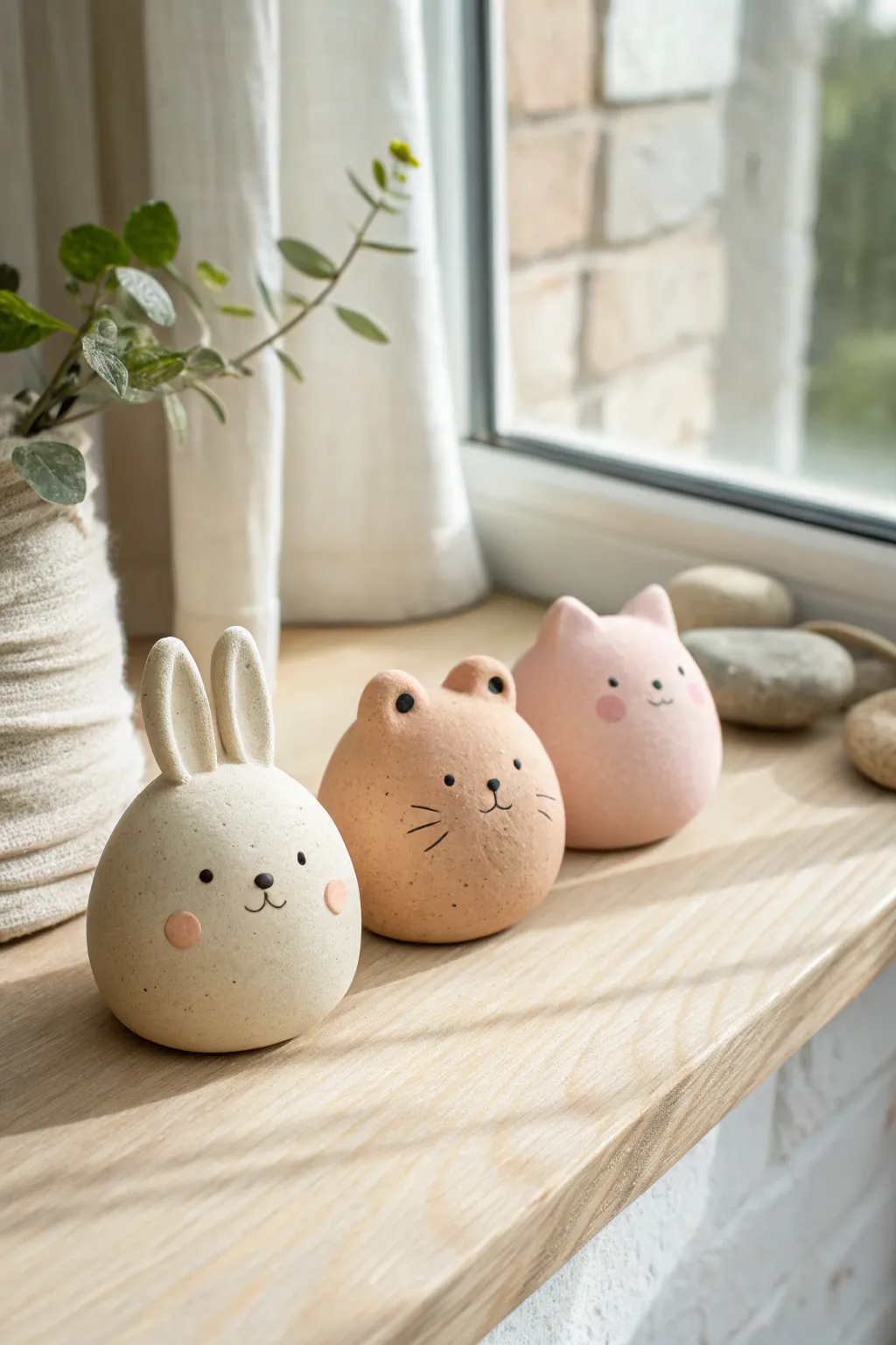 Tiny pebble clay animals in soft pastels, minimalist faces, and cozy Scandinavian styling