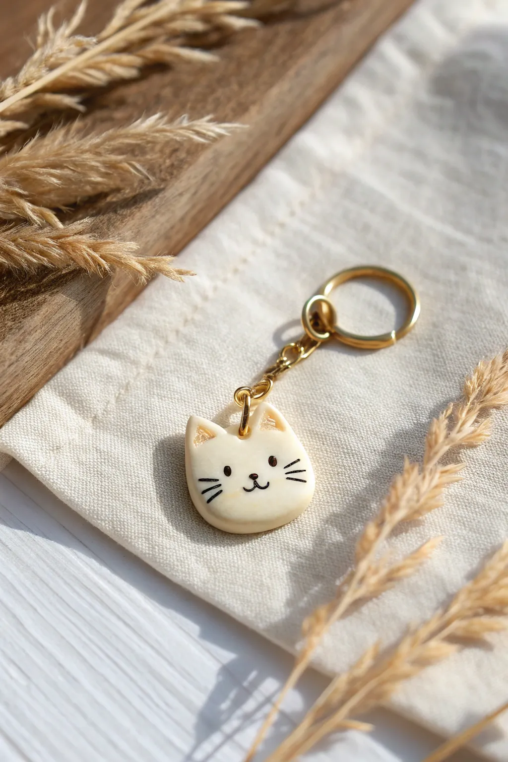 Mini cat head charm in soft neutral clay tones, simple whiskers, ready for a keychain moment.