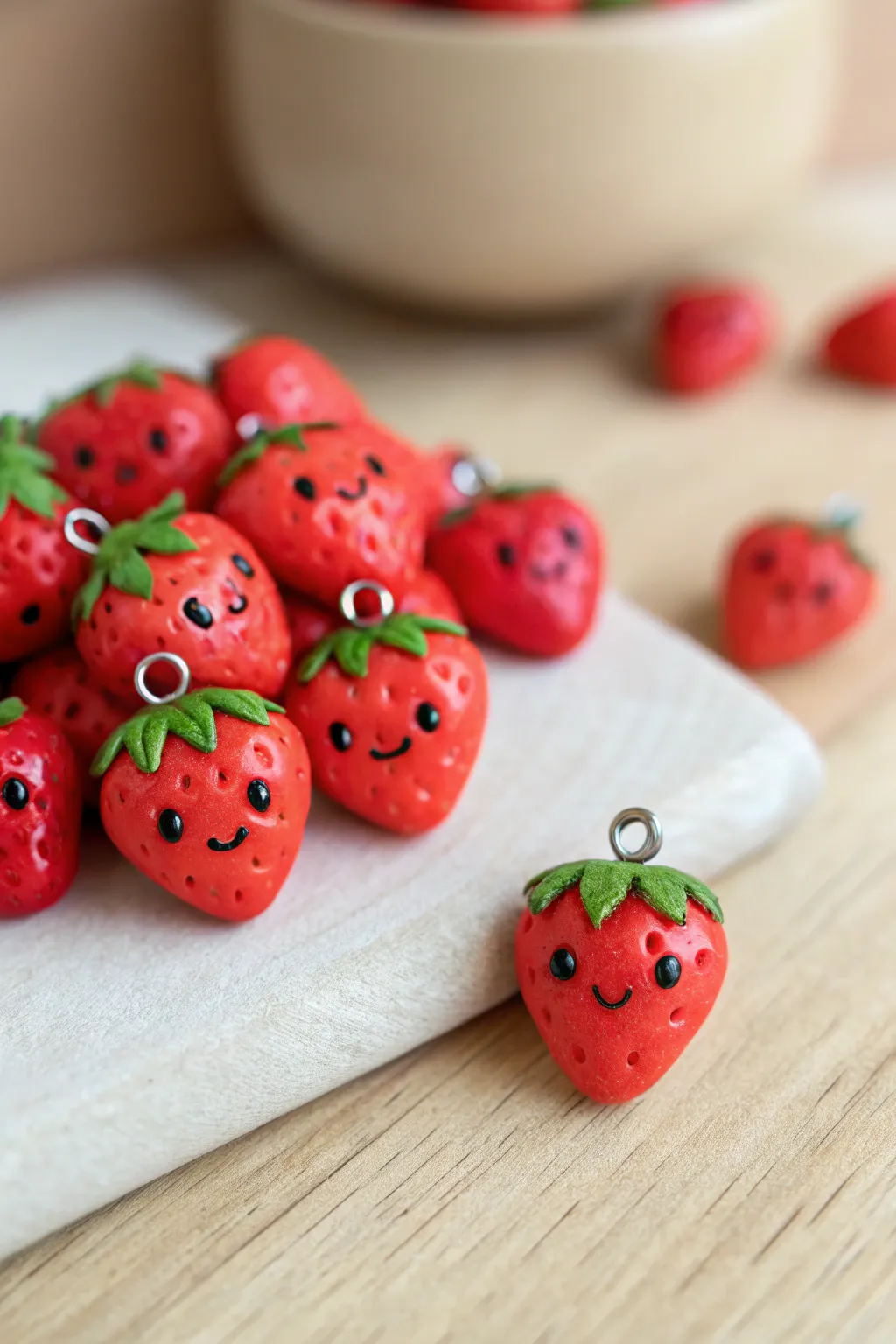 Sweet smiling strawberry mini charms in a cozy berry pile, simple, cute, and beginner-friendly