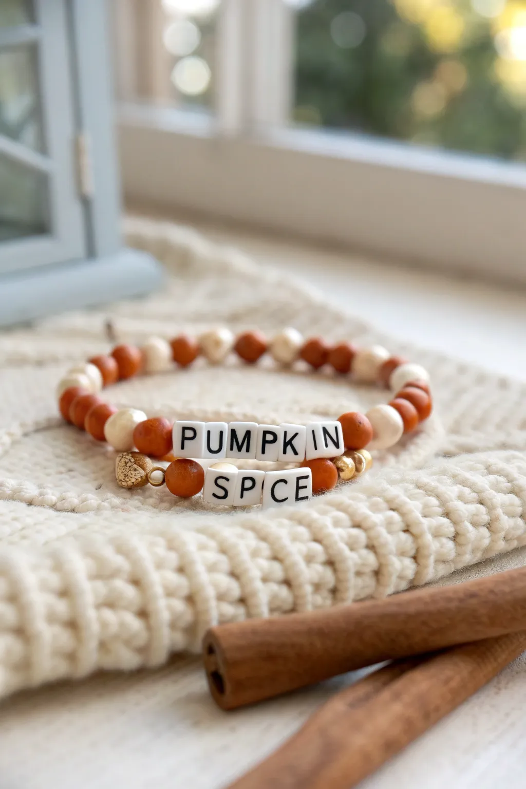 Pumpkin Spice letter bead bracelet in burnt orange and cream, cozy knit backdrop, fall vibes
