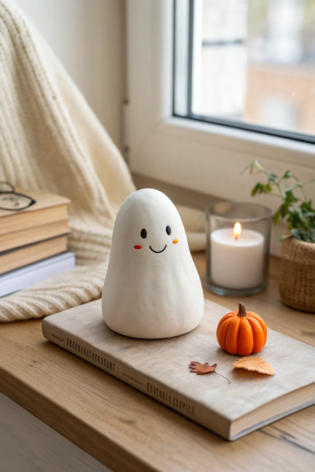 Sweet white clay ghost hugging a tiny pumpkin for simple, cozy fall decor vibes