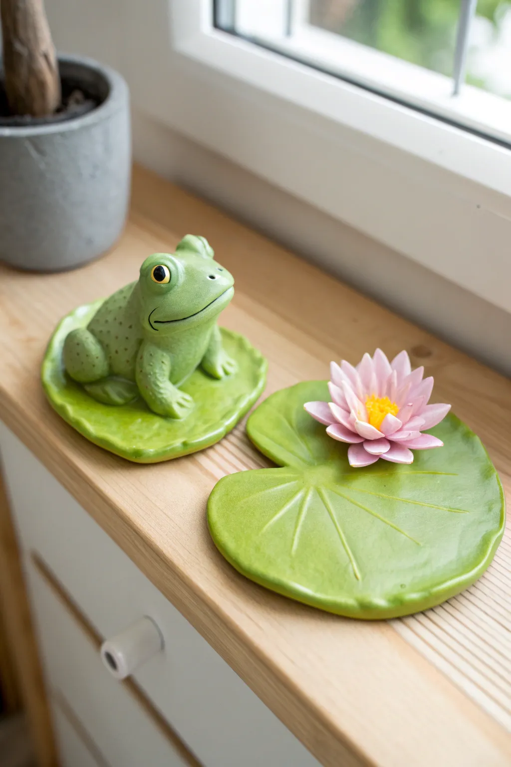 A sweet little clay frog resting on a bright lily pad, perfect for a calm mini pond vibe.