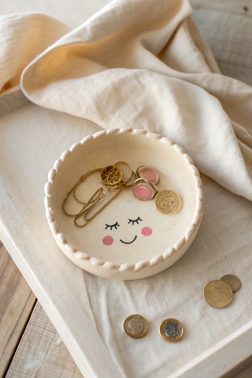 Sweet smiley trinket tray with rosy cheeks, neatly holding coins and hairpins on a tidy desk.