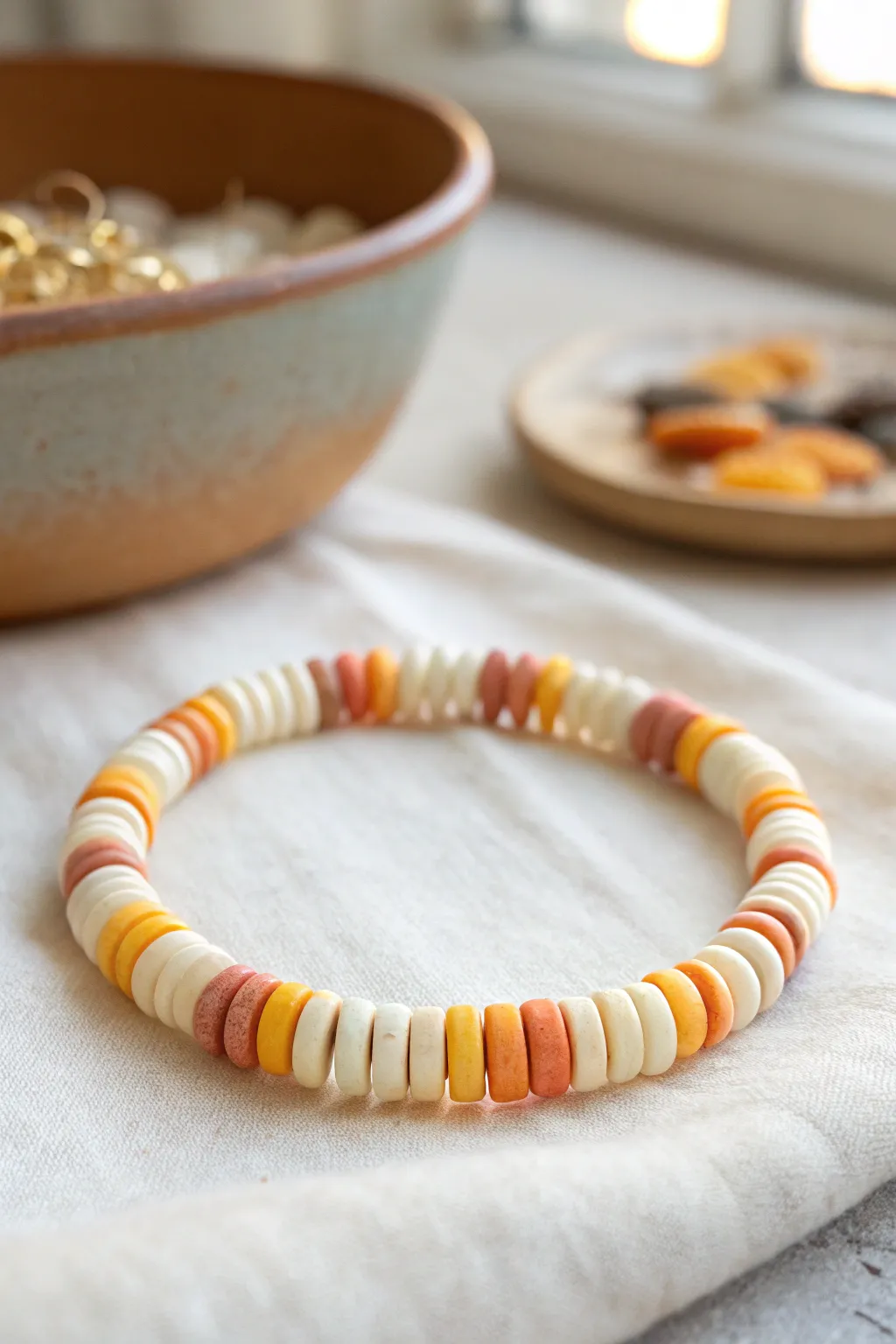 Candy corn striped clay disc bead bracelet in minimalist fall styling, cozy and cute