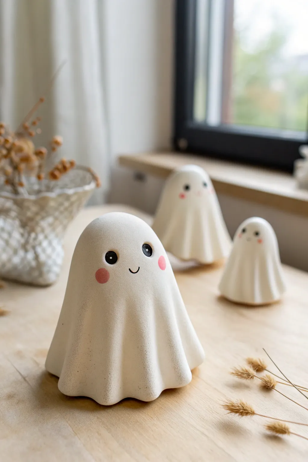 Chibi ghost desk buddy trio in soft blush and white, the cutest minimalist Halloween clay decor
