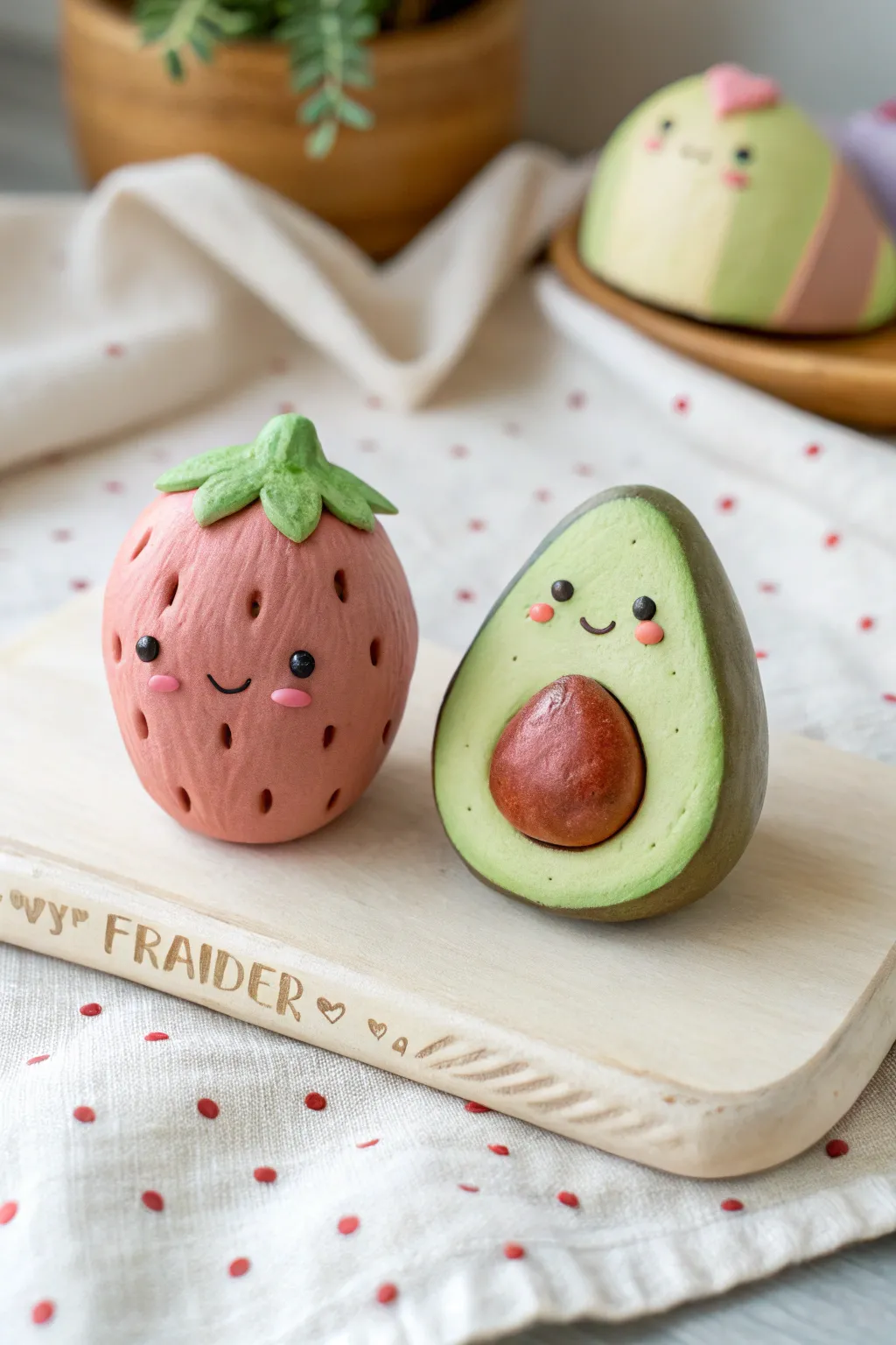Sweet clay strawberry and avocado besties with blushing cheeks in a minimal Scandinavian setup