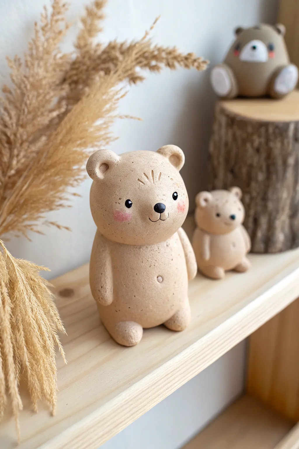 Pocket sized chibi bear desk minis with blush cheeks, a simple kawaii clay project.