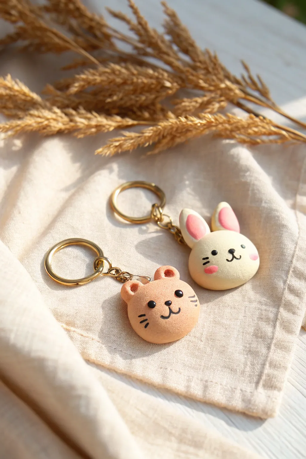 Chibi clay keychain trio: bear, cat, and bunny with blush cheeks in soft Scandinavian tones.