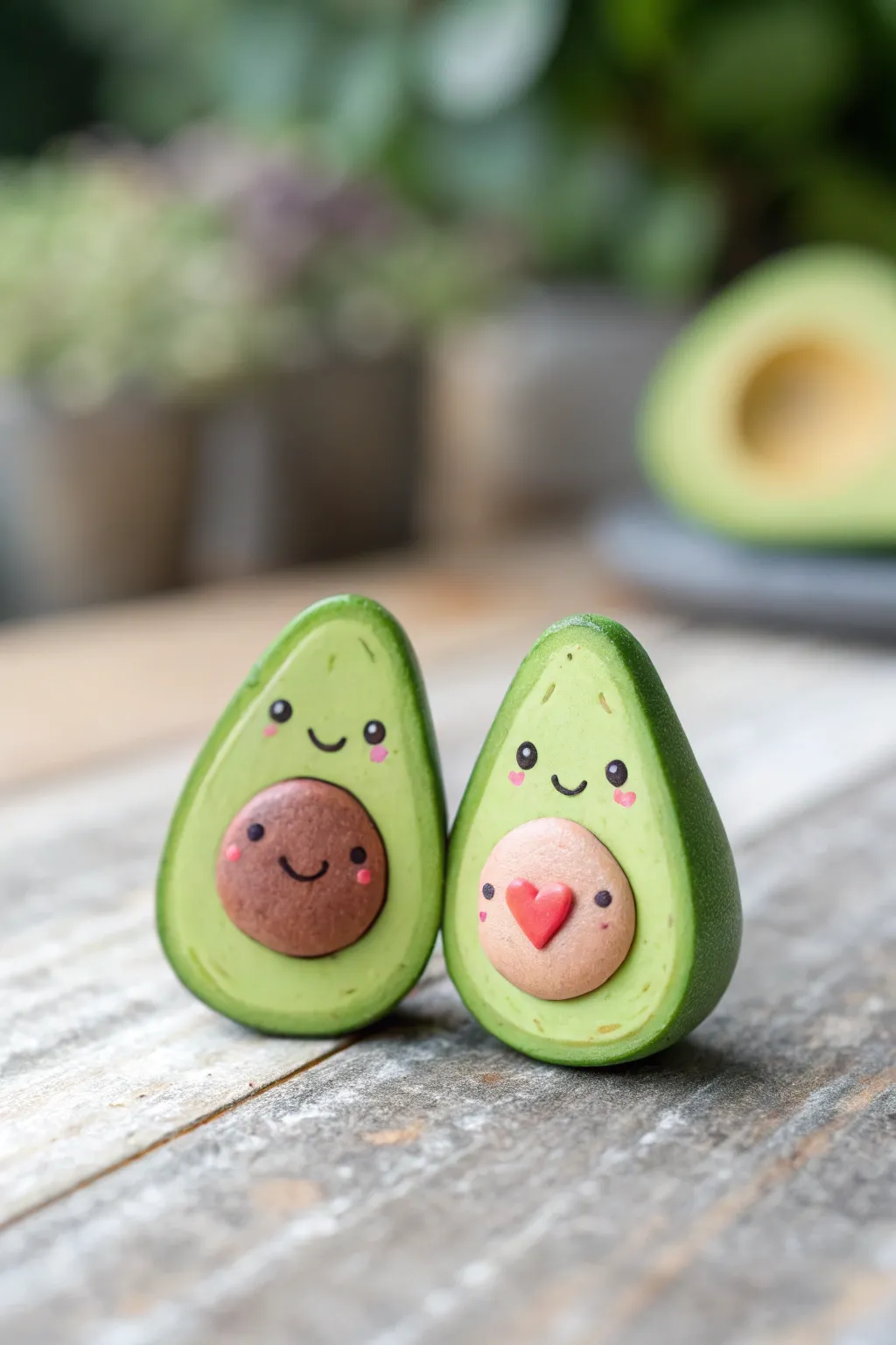 Sweet clay avocado besties with a heart pit, perfect for cute minimalist decor or gifts