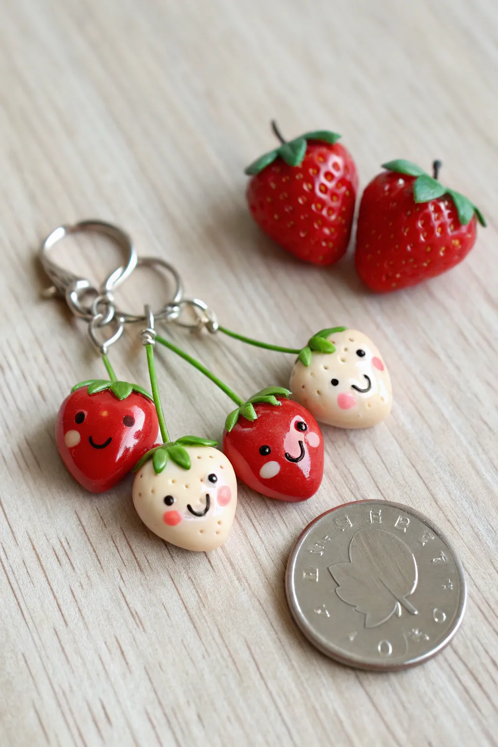 Smiling strawberry and cherry clay charms with glossy blush cheeks, perfectly tiny beside a coin.