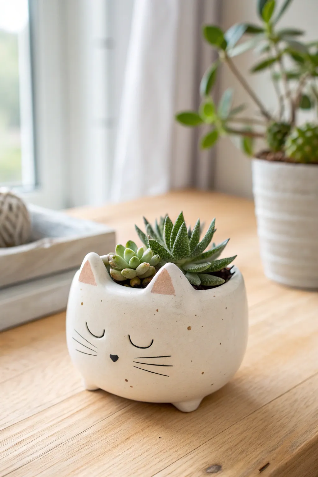 Chubby kitty pinch pot planter with succulent hair, minimalist boho charm for any shelf.