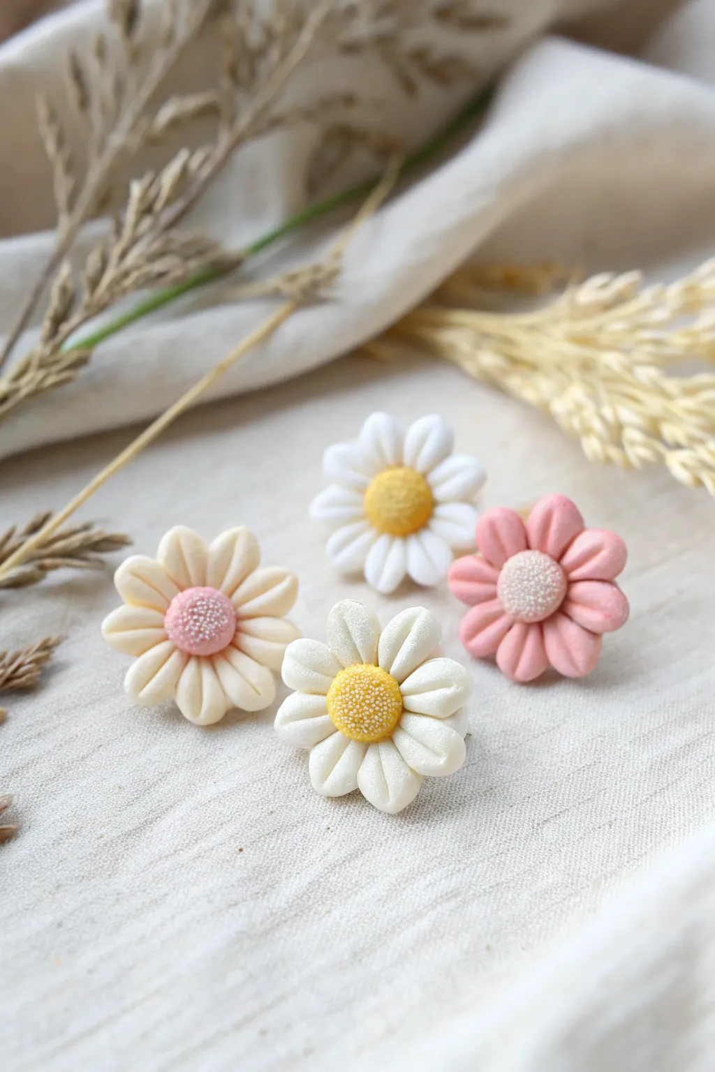 Tiny daisy stud earrings in soft pastels, simple and sweet with a handmade textured center.